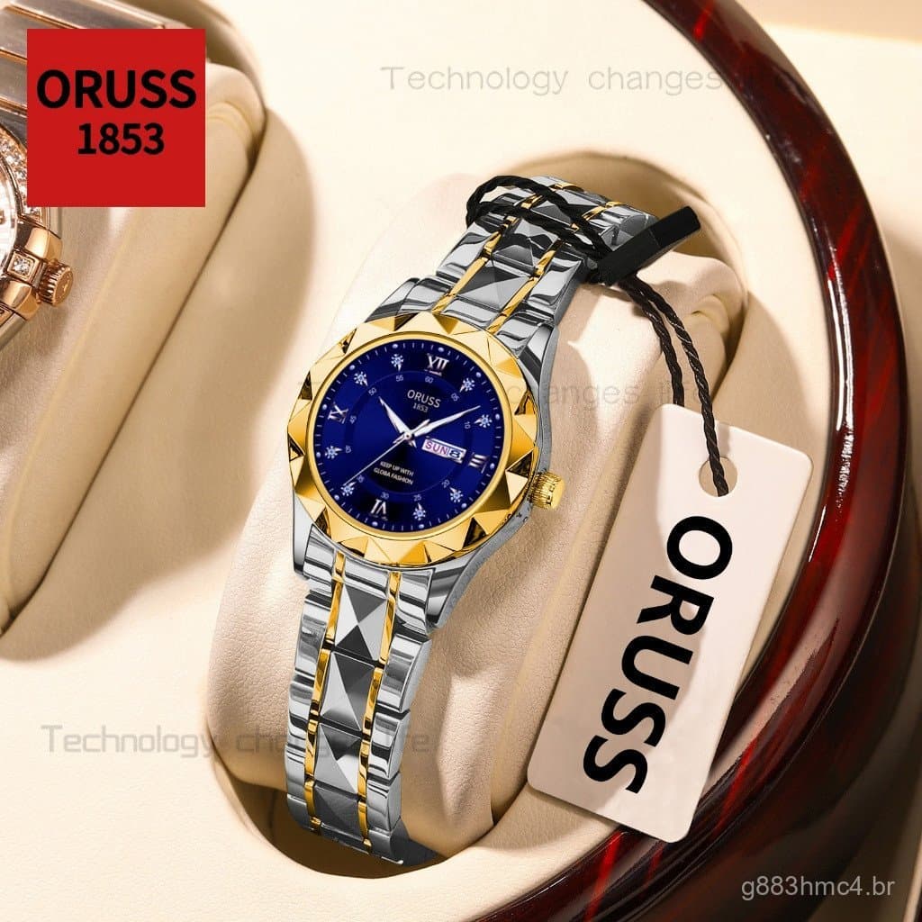 Relógio de Pulso Feminino ORUSS Original de Luxo com Duplo Calendário, Luminoso, à Prova d'Água, em Aço Inoxidável, Most