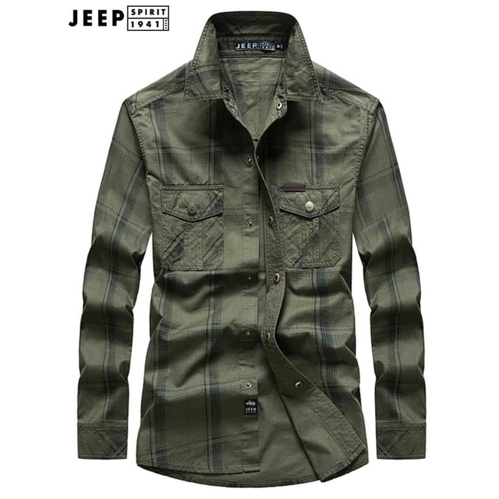 JEEP SPIRIT Camisa xadrez de manga comprida masculina tamanho grande moda mais gordura solta algodão puro camisa de fund