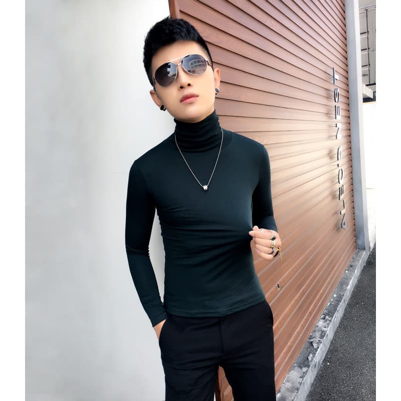 Camisa de fundo de pescoço alto masculina de manga comprida camiseta magro-ajuste primavera outono forro de lã cor sólid