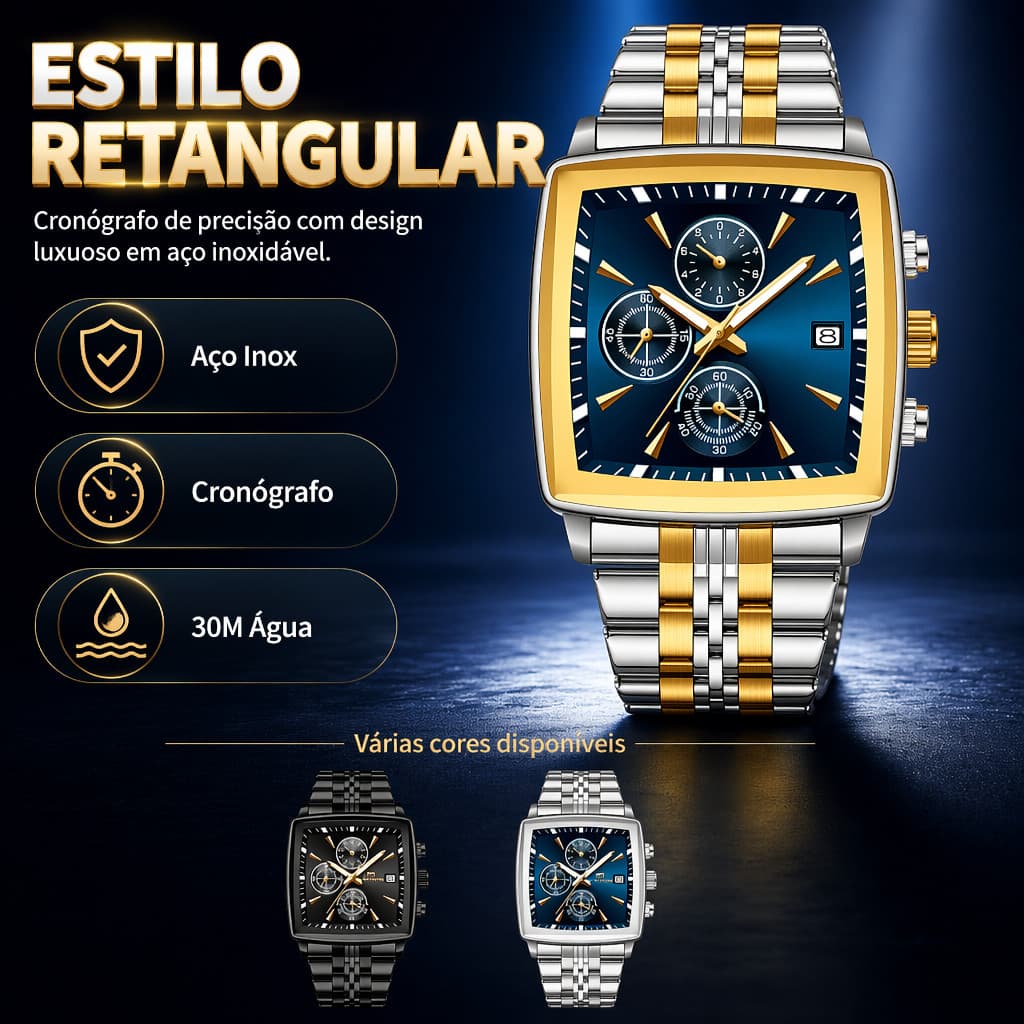 Relógio Masculino Retangular Cronógrafo 3 Submostradores Quartzo Aço Inoxidável Resistente à Água 30 Metros Display