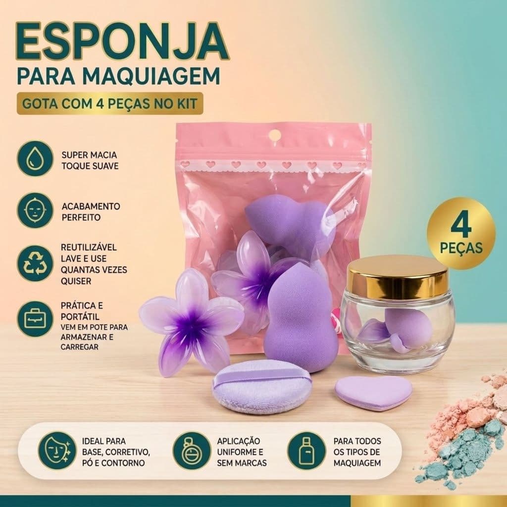 KIT 4 PEÇAS PIRANHA DE CABELO FLOR E ESPONJAS DE MAQUIAGEM GOTA E REDONDA COM ALÇA