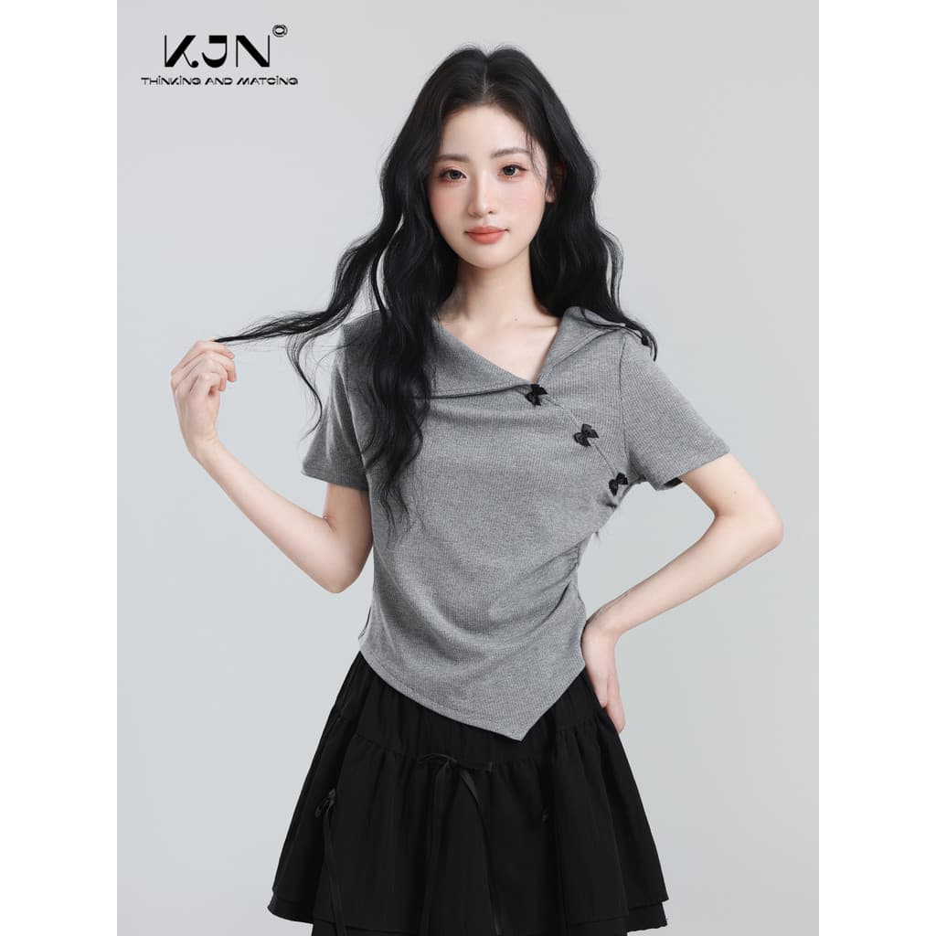 Cinza Irregular com decote em V camiseta de manga curta feminina 2026 verão novo estilo arco Design cintura estreita cam