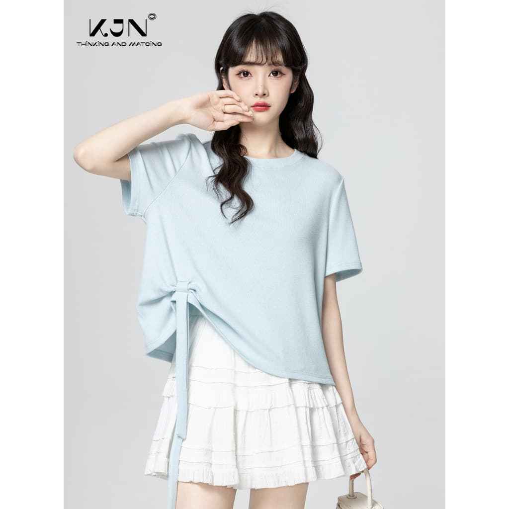 Azul Irregular de manga curta camiseta feminina 2026 verão novo estilo Design meia manga Formal ombro em torno do pescoç