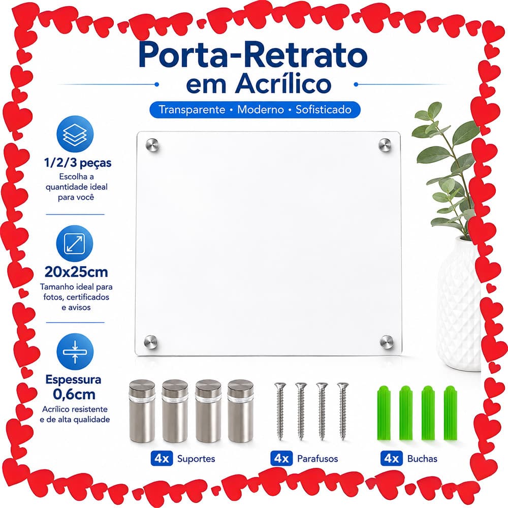 Porta-Retrato de Acrílico 1/2/3 Peças 20x25cm, Proteção UV, Bordas Suaves e Visual Flutuante Moderno