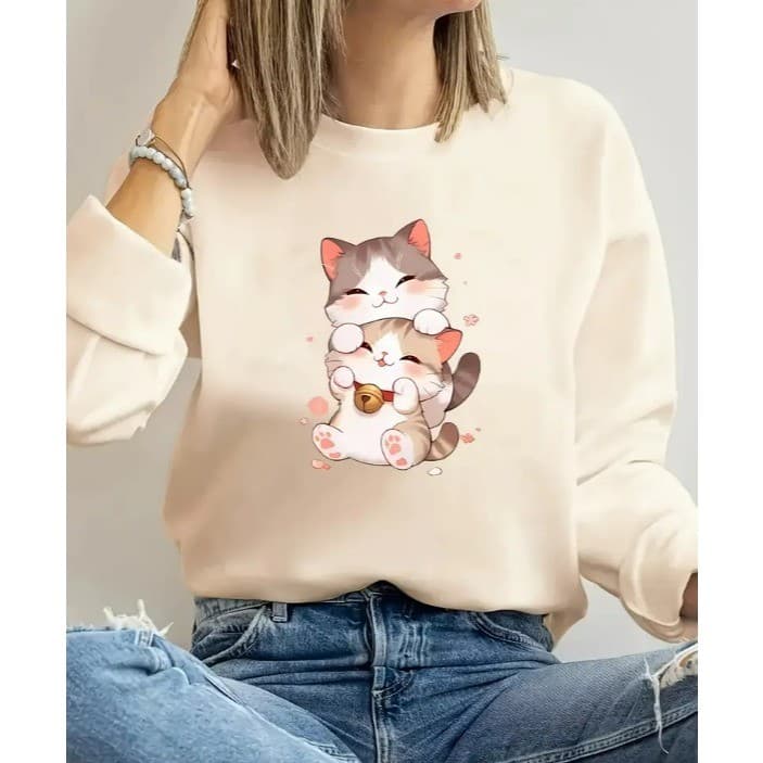 Moletom Feminino Gatinhos Fofos Delicado Blusa de Frio Gola Redonda Pets Moda Invernos Gato