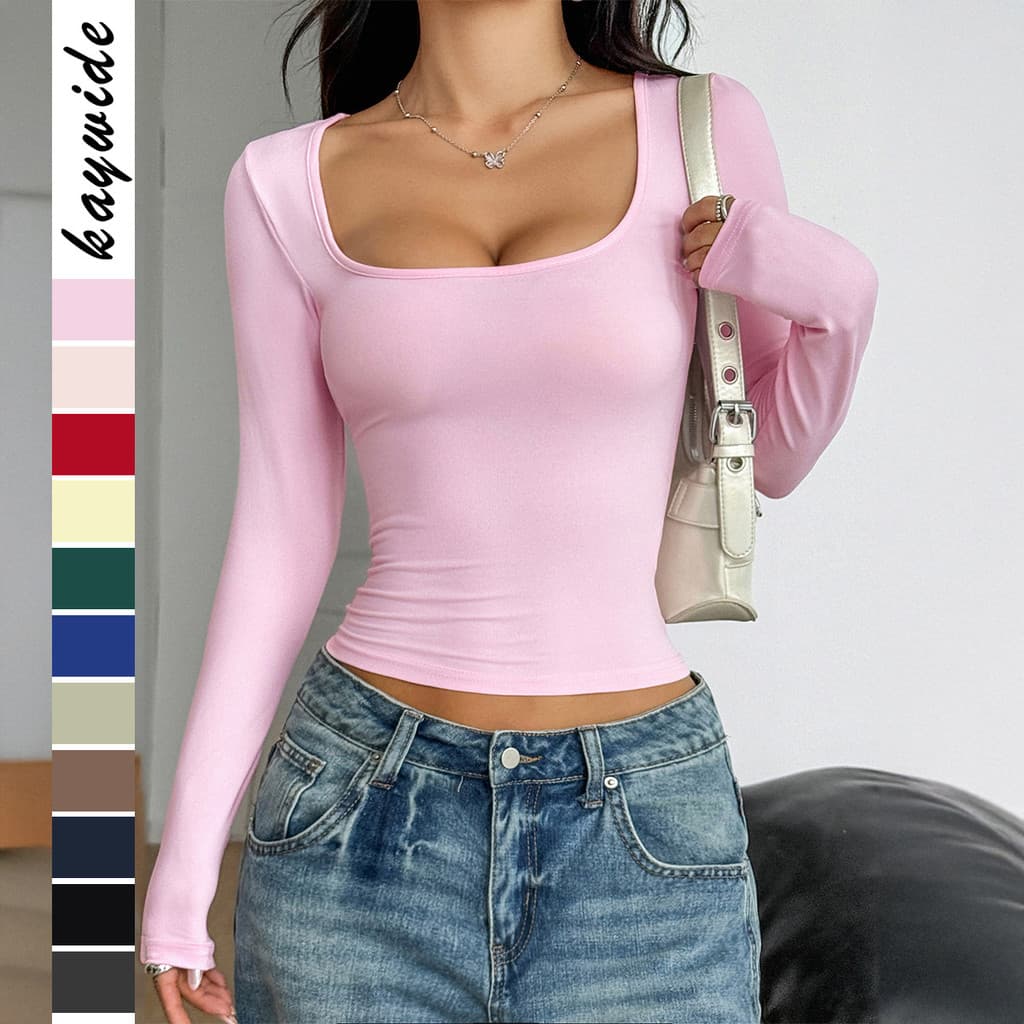 Nova Coleção Primavera 2026: Camiseta Feminina de Manga Longa em Cor Sólida Estilo Y2K Hot Girl de Alta Qualidade