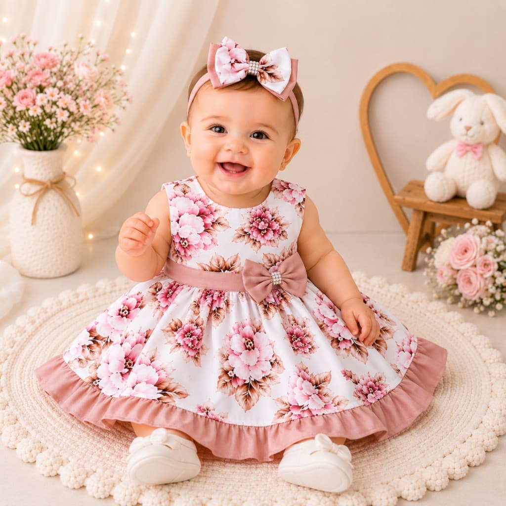 Vestido Infantil Bebê Menina Ariele Com Tiara P ao 3 Anos Roupas Infantil Feminina 100% Algodão