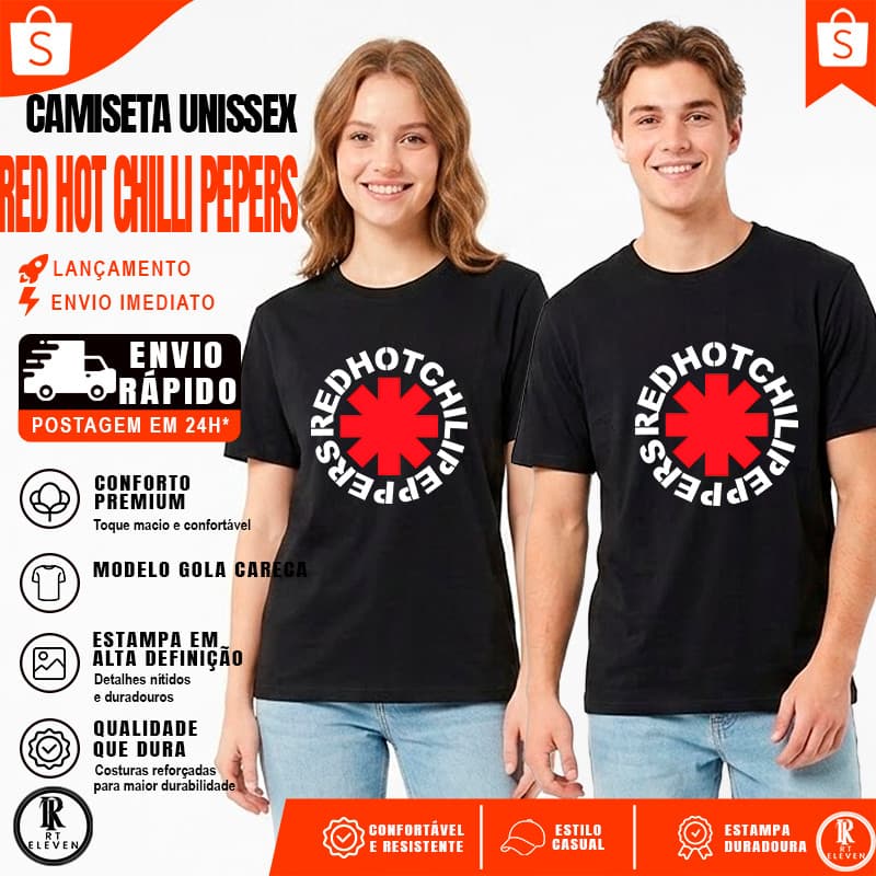 Camiseta Unissex Malha Algodão Banda Rock Red Hot Chili Peppers Musica camista  30.1 Envio rápido