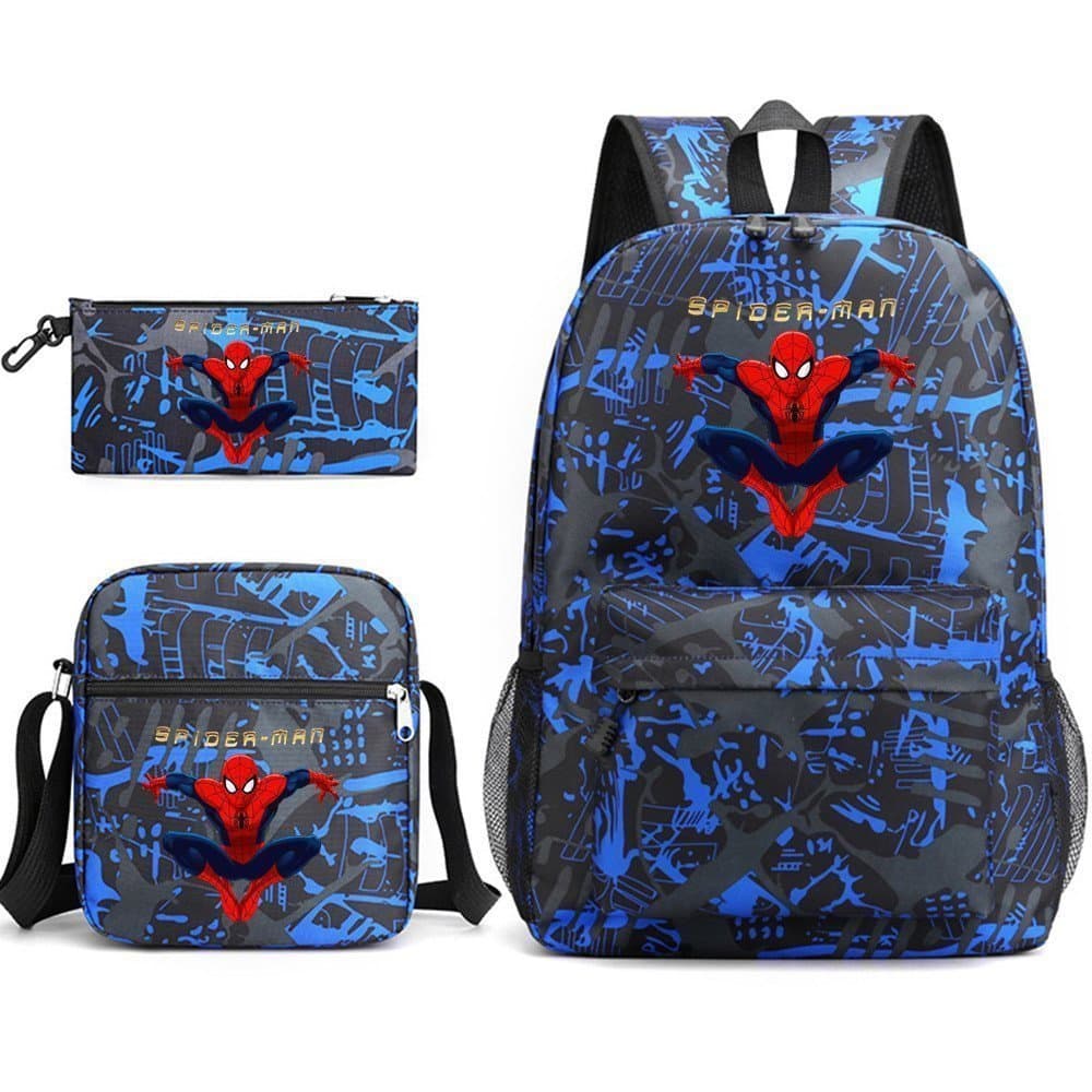 Mochila Escolar Infantil do Homem-Aranha em Lona 44cm, Mochilas de Mensageiro para Meninos e Meninas, Kit com 3 Estojos