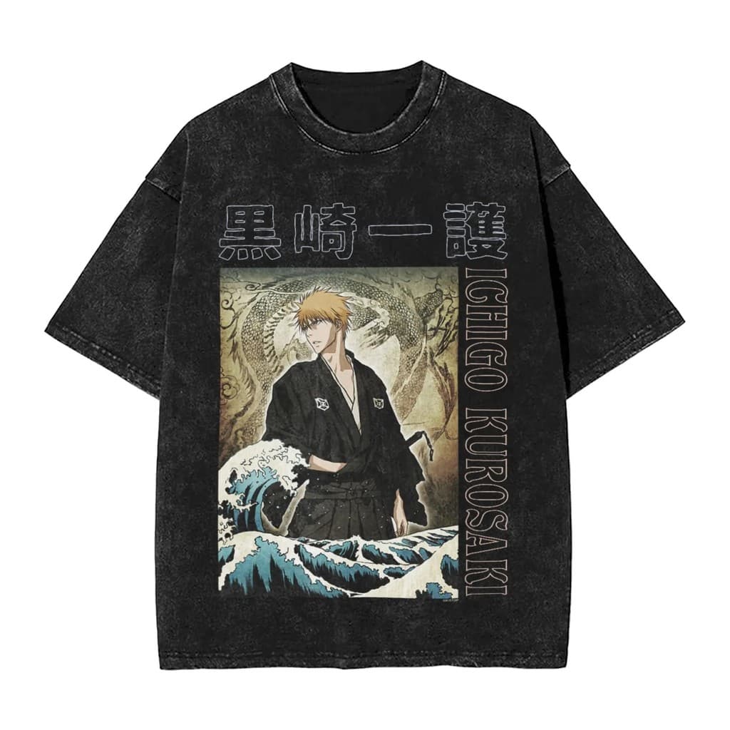 Camiseta Masculina De Manga Curta Lavada De Algodão 100 % Pesado Com Estampa De Anime