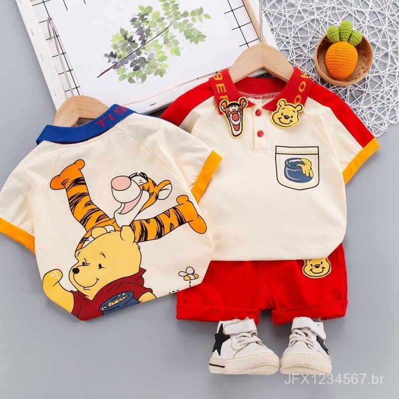 Conjunto de Verão para Meninos, Camisa de Manga Curta e Shorts, Duas Peças, 100% Algodão, Respirável, Gola Polo