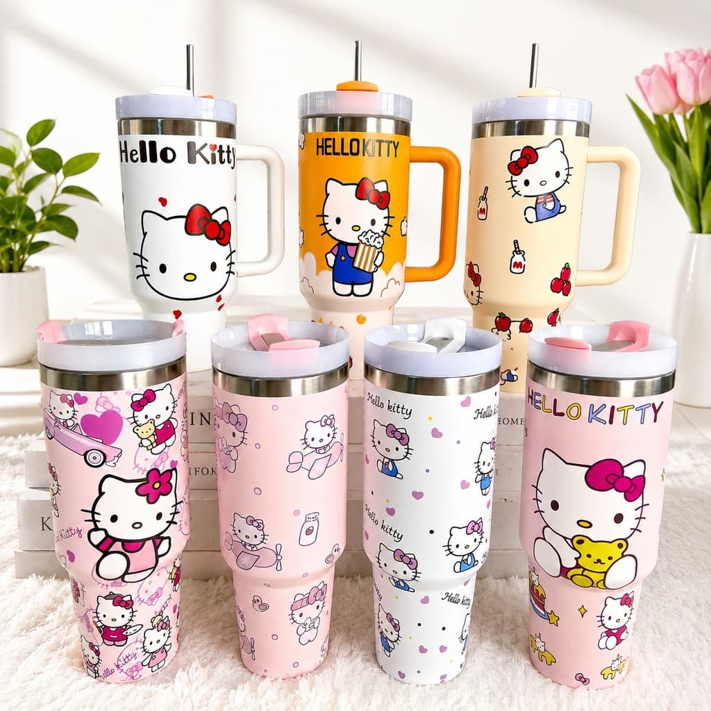 Copo Térmico Hello Kitty 1200ml com Canudo de Inox, Compatível com Bolsa, Mantém Quente e Frio, Ideal para Presente