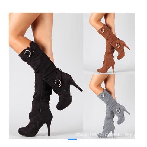 Novo estilo de salto alto camurça botas de cano médio fivela de cinto tamanho grande Stiletto dedo do pé redondo botas a