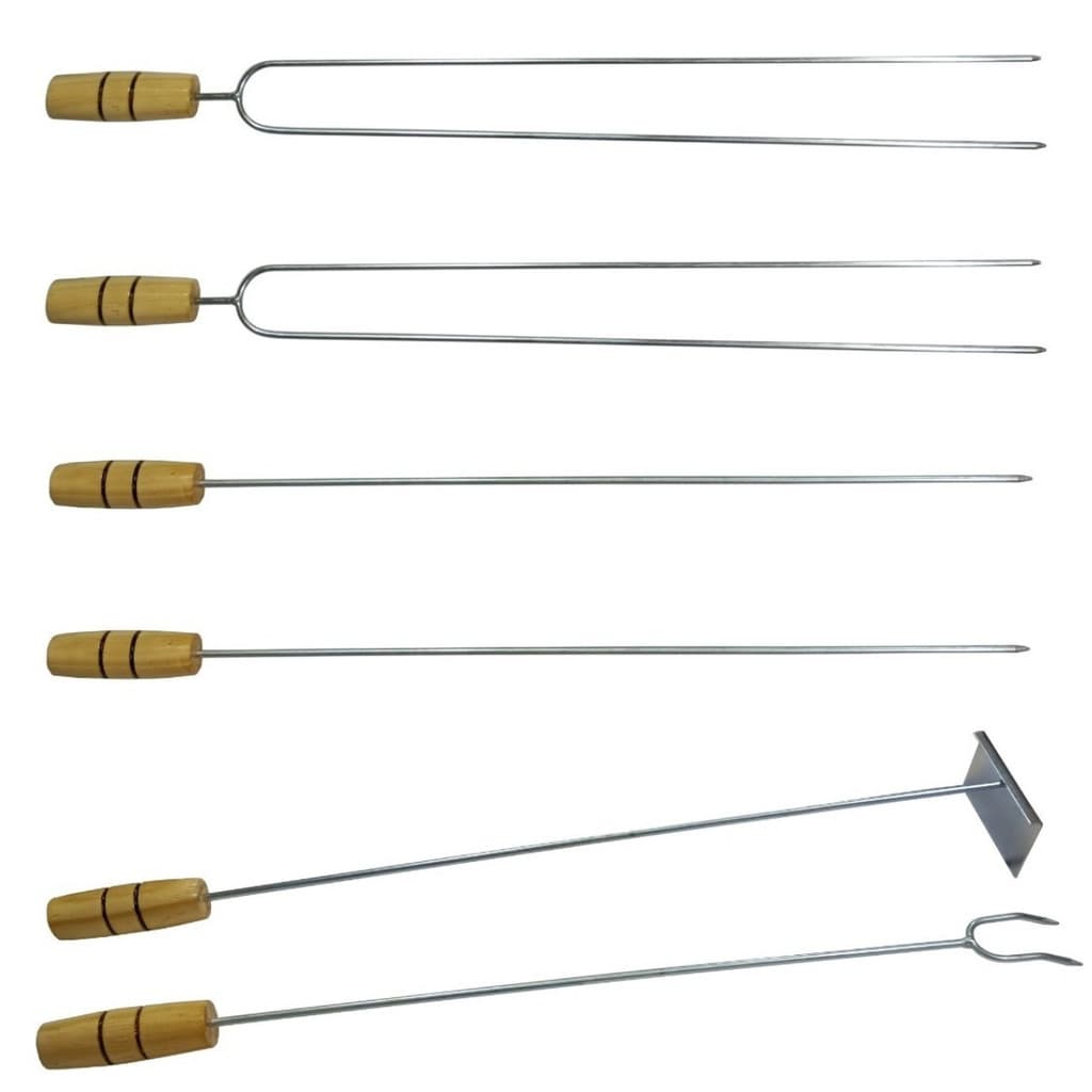 Kit Churrasco Completo 2 Espetos Duplos 2 Espetos Simples Garfo Rastelo