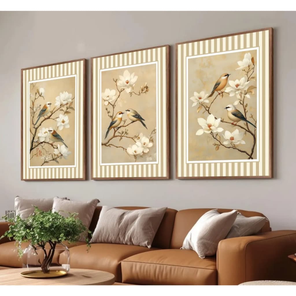 Kit 3 Quadros Decorativos Pássaros Bege Moderno