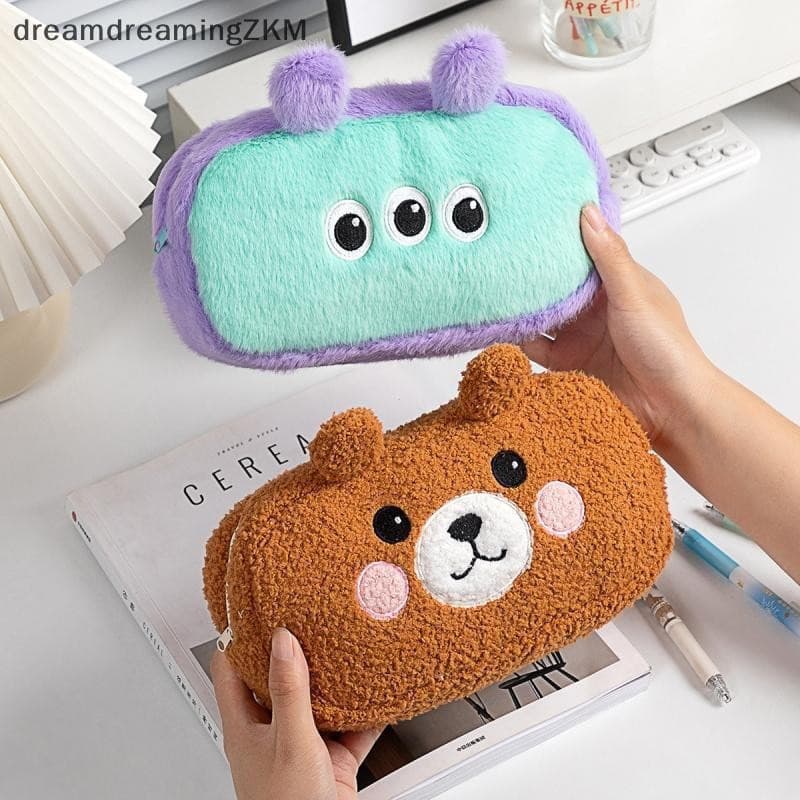 Estojo de Lápis de Urso de Pelúcia Fofo Multifuncional Criativo de Grande Capacidade