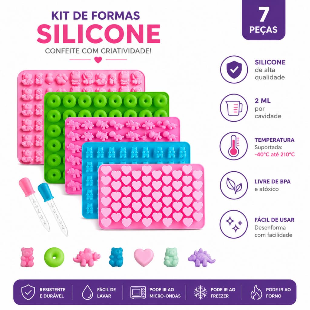 Kit 7 Peças Formas Silicone Bala Gummy Bear Gelo Gelatina Doces Molde Mini Cavidades Chocolate Bombom Goma