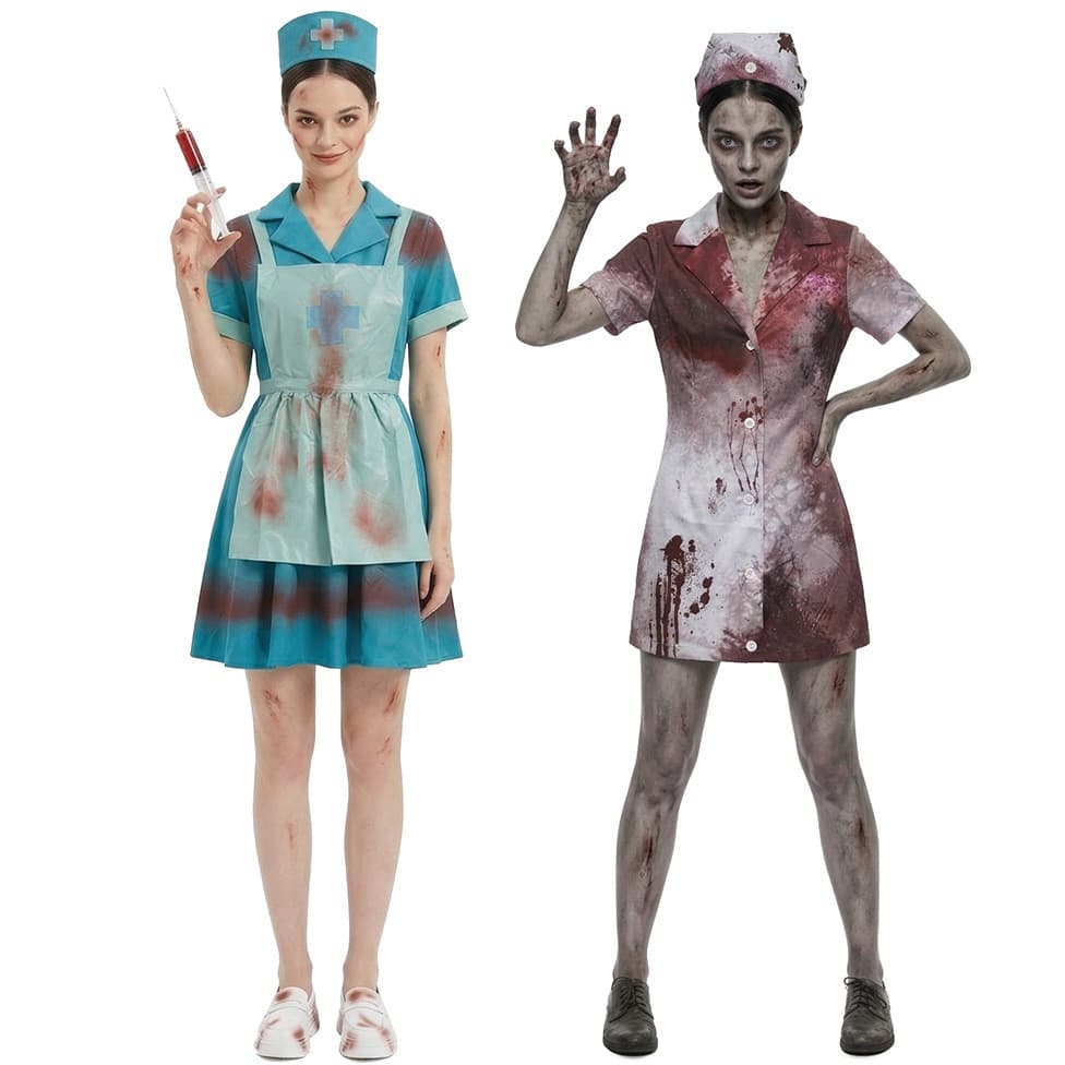 Fantasia de Enfermeira Zumbi para Noite de Terror de Halloween com Uniforme de Enfermeira Manchado de Sangue, Fantasia d