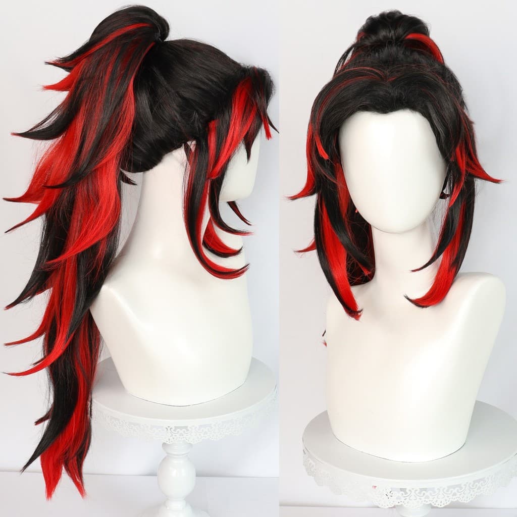 Demon Slayer: Kimetsu no Yaiba/Inuoyori Yoriichi peruca de cosplay gradiente preto-vermelho com rabo de cavalo grande, d