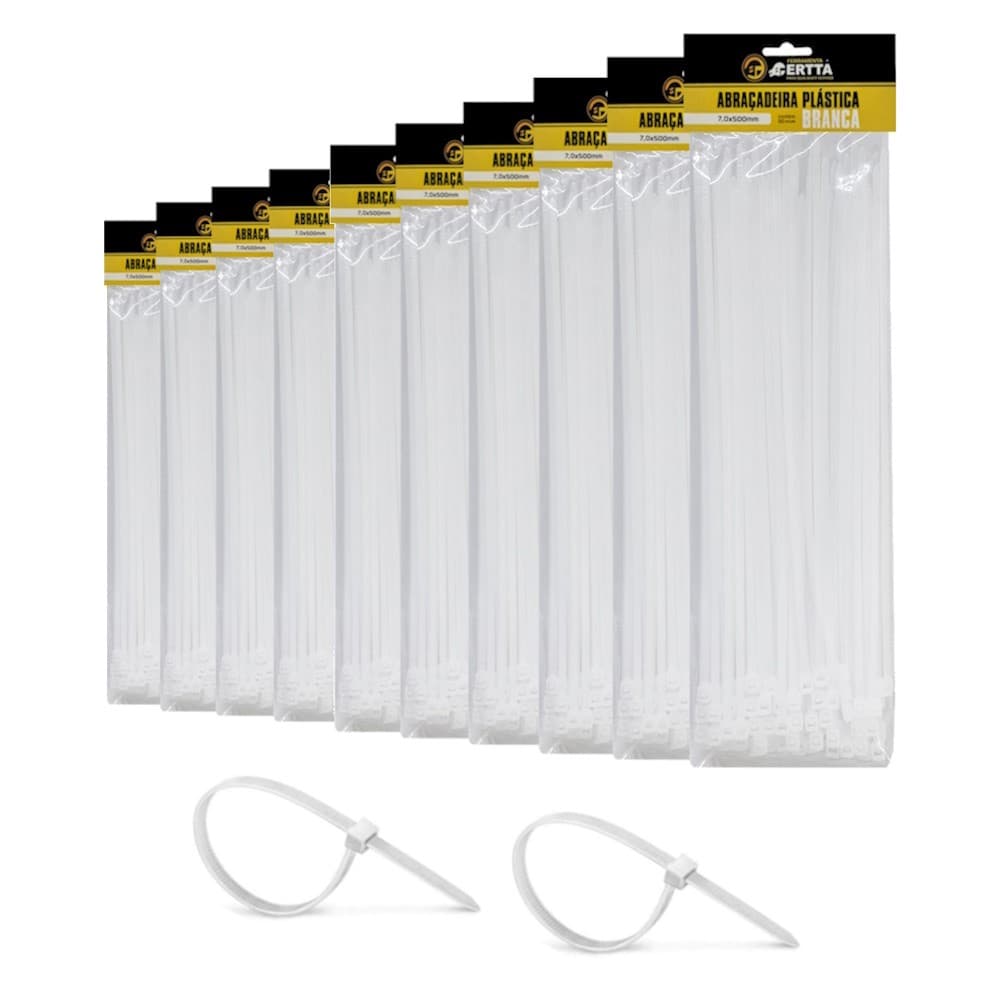 500 Abraçadeiras Lacre Nylon Grande Enforca Gato Cinta Plástica 7x500mm Fita Hellerman 50cm Branca