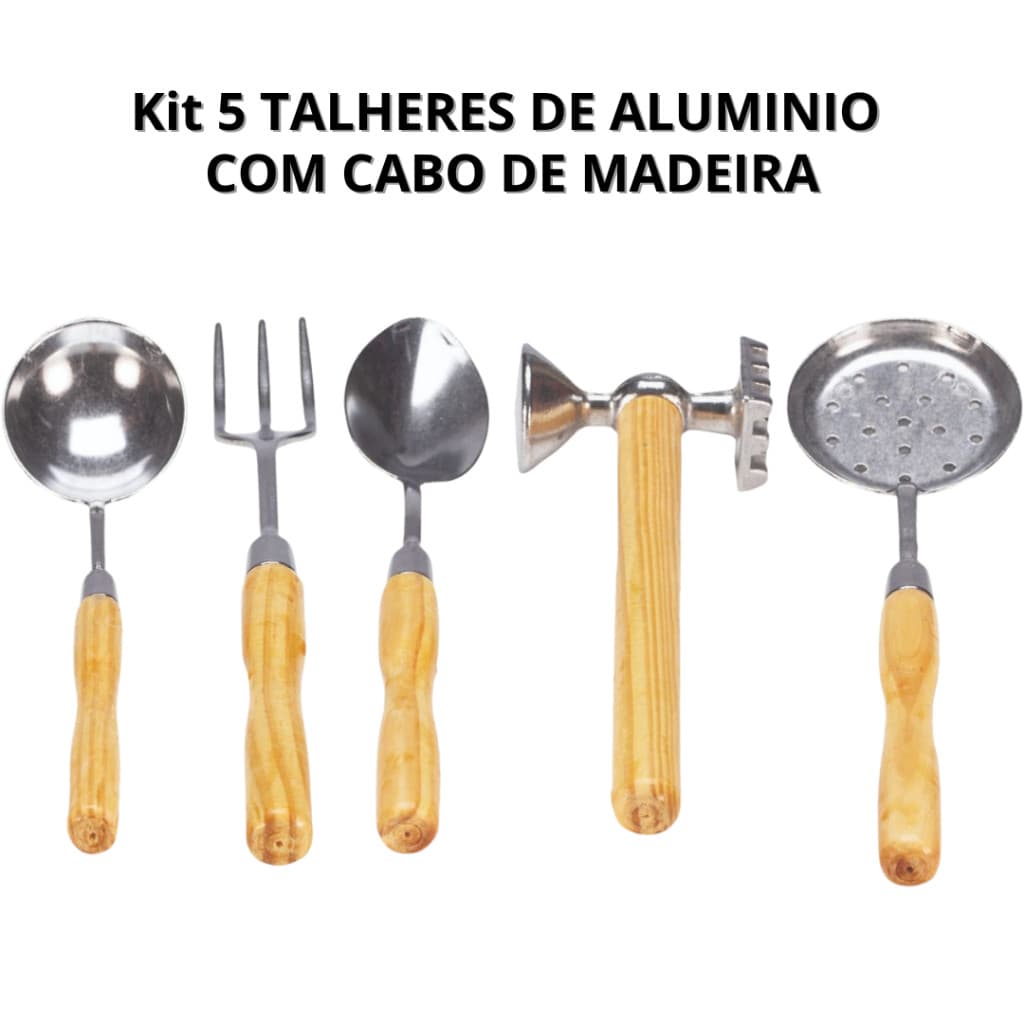 Kit 5 Peças Utensílios de Cozinha em Aluminio – Concha Escumadeira Colher, Garfo e Batedor de Carne
