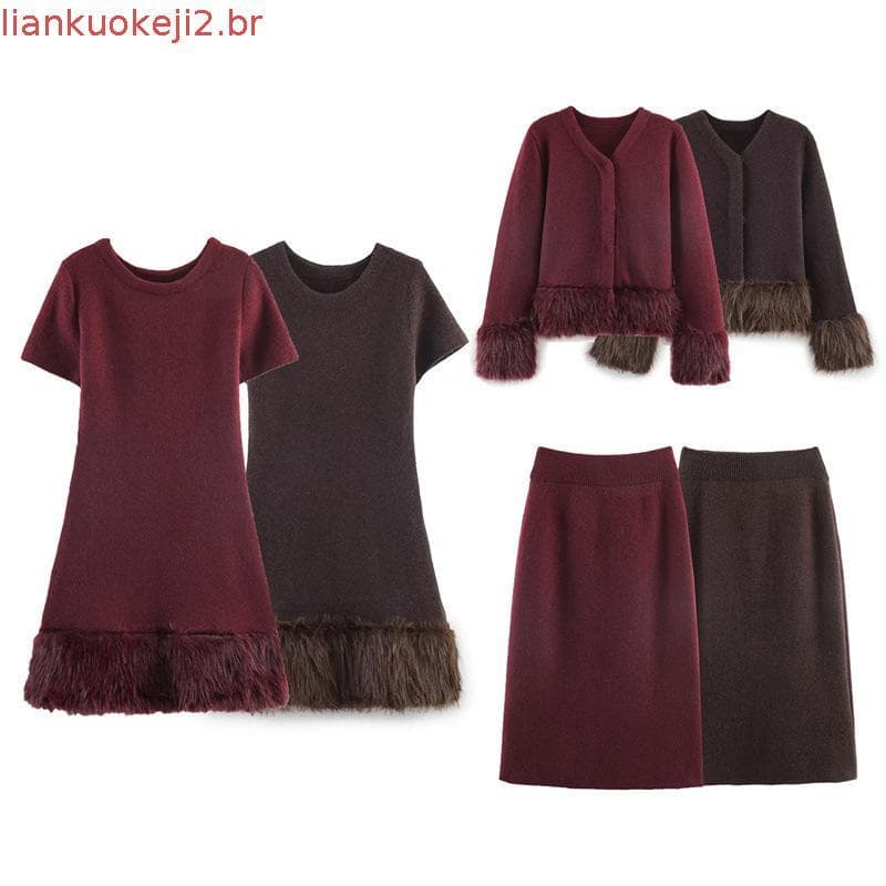Vestido de Malha Marrom HXAO para Mulheres, Vestidos Casuais de Outono 2025, Vestidos de Manga Curta com Pelo Sintético,