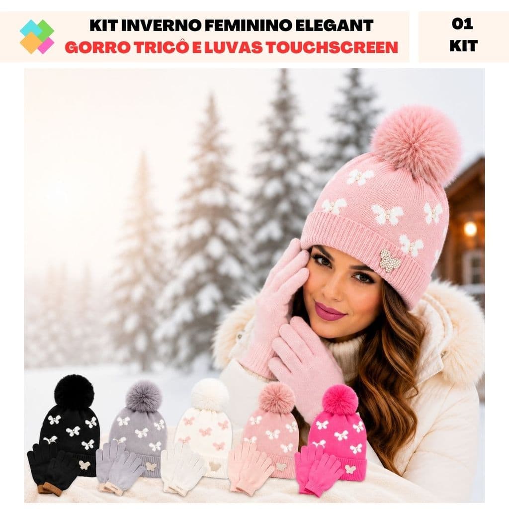 Kit de Inverno Feminina Borboletas - Touca com Pompom e Luvas Touchscreen Sofisticado (1 Kit)
