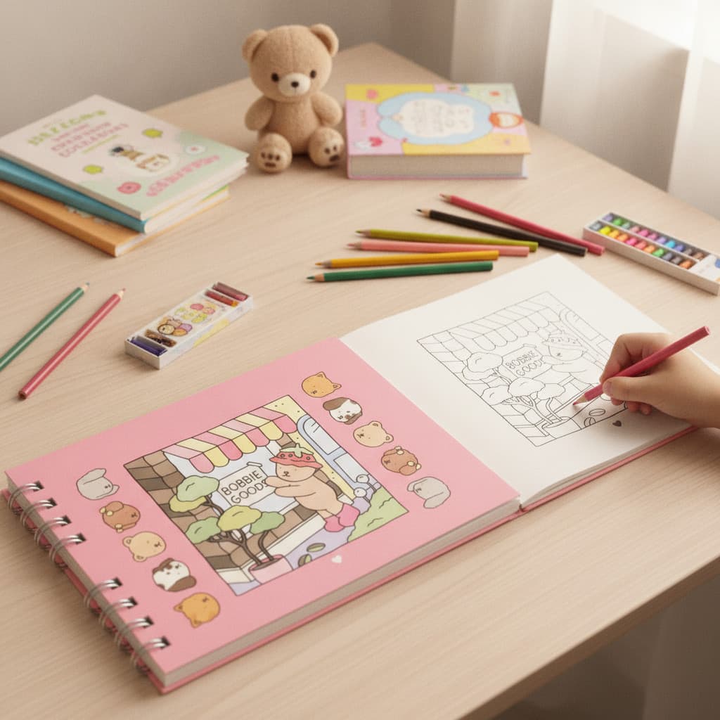 Livro de Colorir Educativo Urso Bob Rosa Capa Dura para Crianças 50 Páginas Atividades
