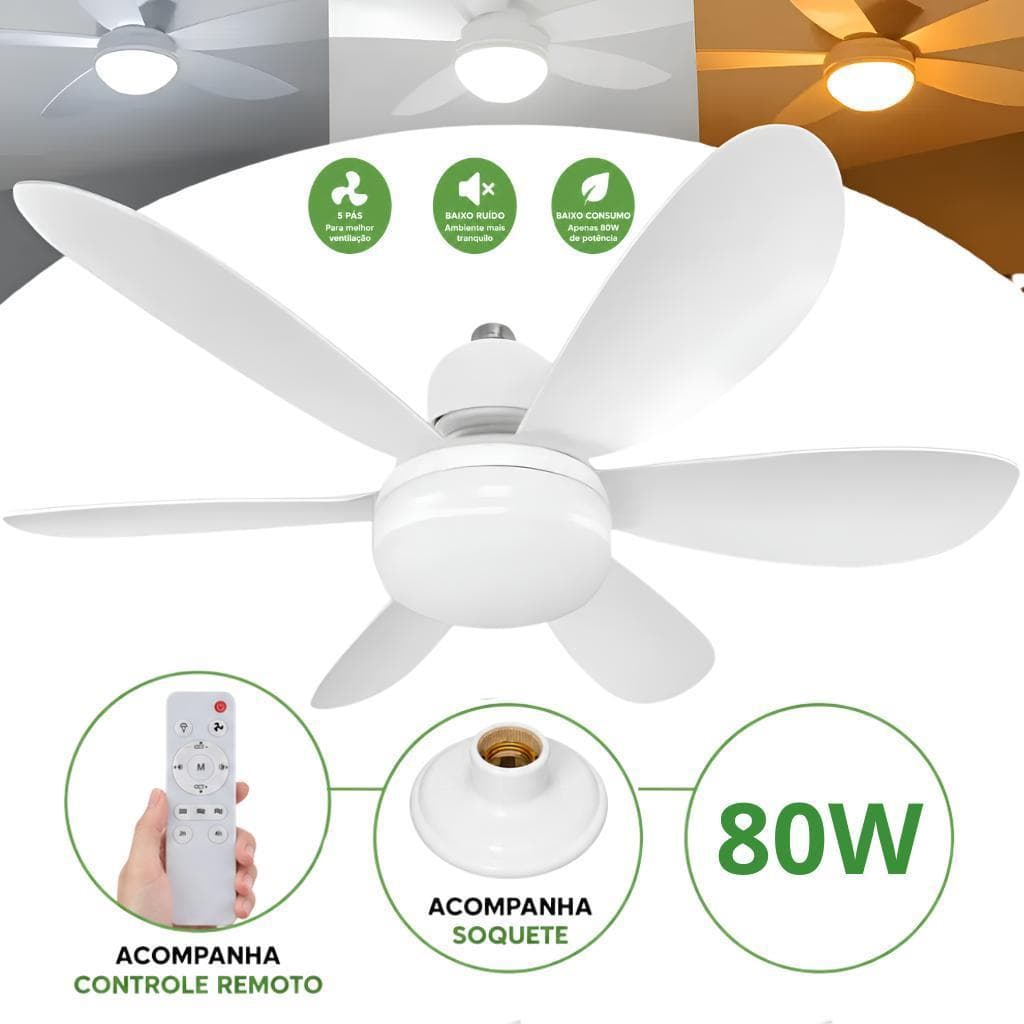 Ventilador de Teto LED 80W 52cm com Controle Remoto Soquete E27 & 6 Hélices - 3 Cores de Luz ( BIVOLT )