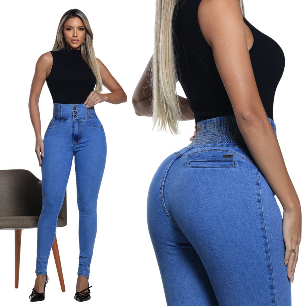 Calça Social Modeladora Jeans Cintura Alta Lycra Elastano Skinne Empina bumbum
