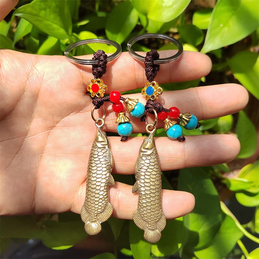 Pingente de Chaveiro de Carro em Latão Puro com Dragão Dourado e Peixe para Homens e Mulheres, Ornamento para Bolsa, Dec