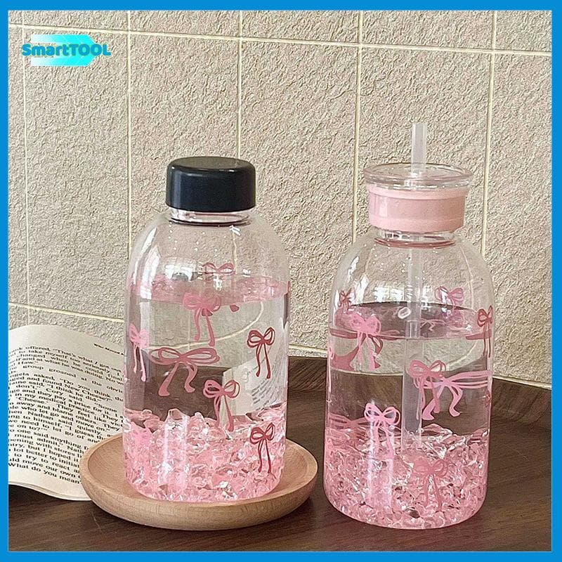 LKBG > Garrafa De Água Kawaii , Copo Estético Para Gelo , Café , Suco , Chá , Laço Fofo , Copos De Plástico Com Tampa De
