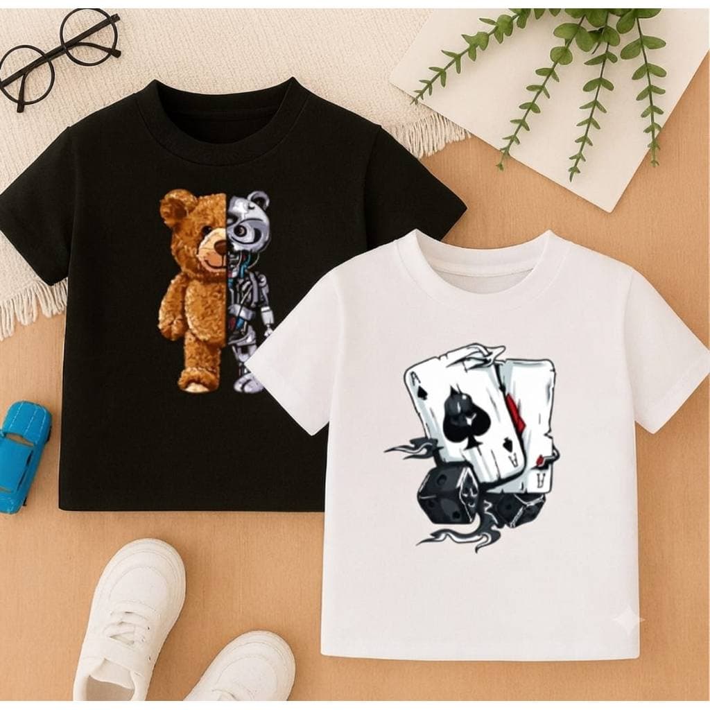 Kit 2 Camisetas Infantil Meninos Estampada Robô Baralho Urso Moda 100% Algodão Calor Tendência
