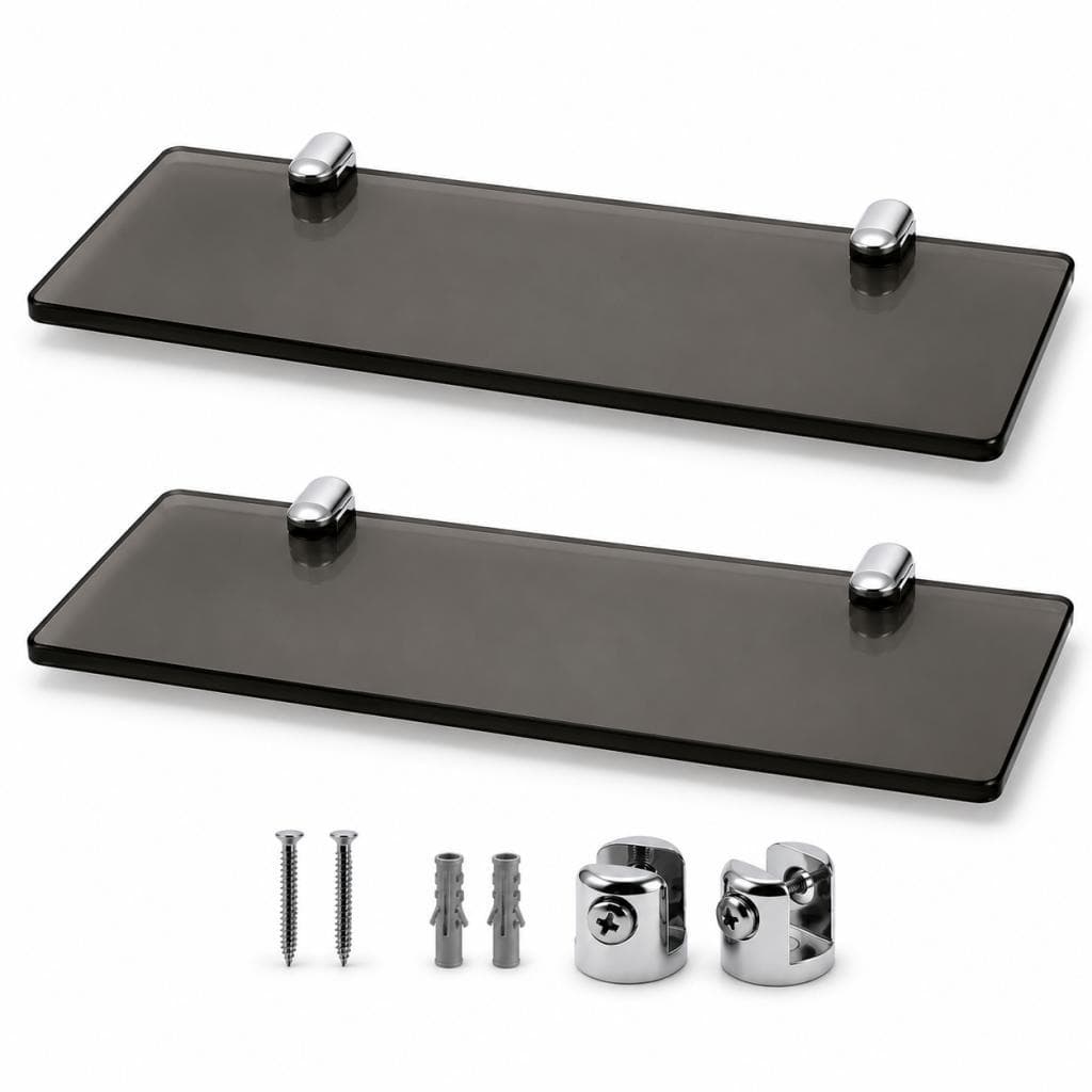 Kit 02 Prateleiras p/ Banheiro 30cm Vidro Fumê e Suporte Cromado Fixação Segura Premium