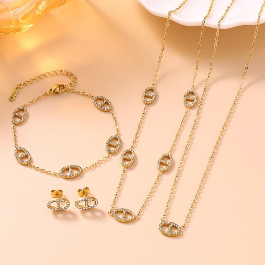 Brincos de pulseira de colar de aço de titânio com nariz de porco de diamante completo