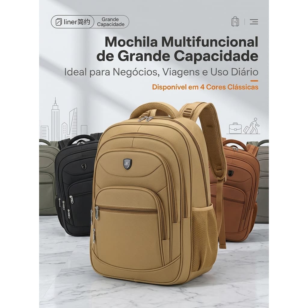 Mochila Grande Reforçada 52 cm com Múltiplos Compartimentos para Trabalho, Estudos e Viagens