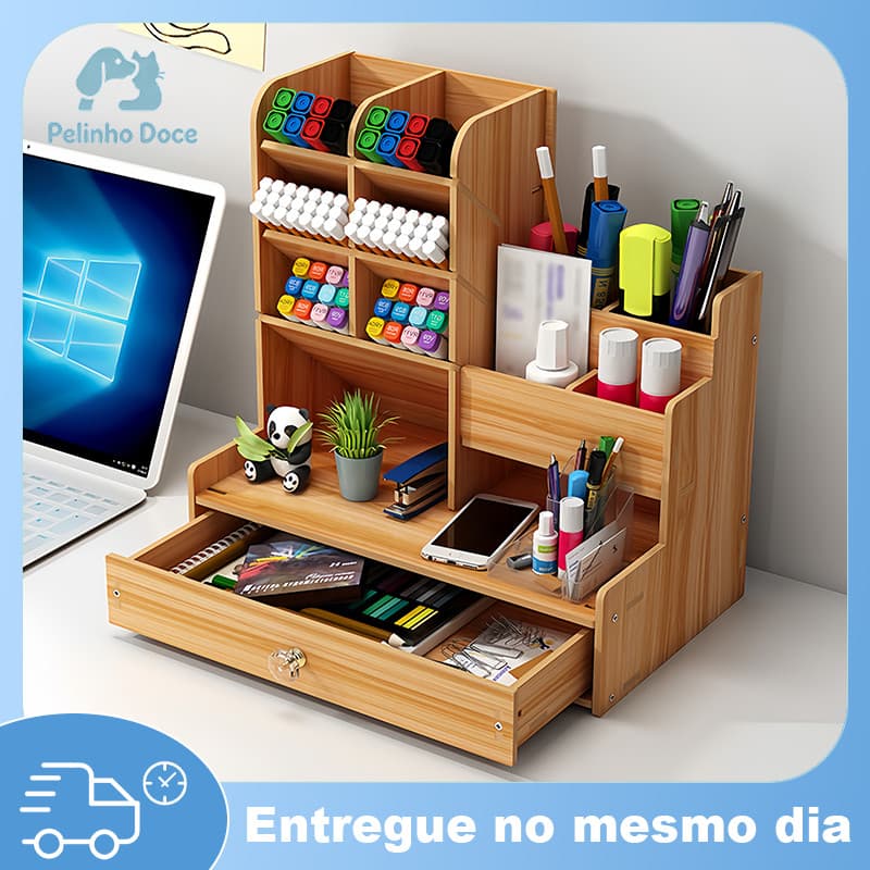 Organizador De Mesa Mdf Escritório Multiuso C/ Gaveta Nicho Canetas