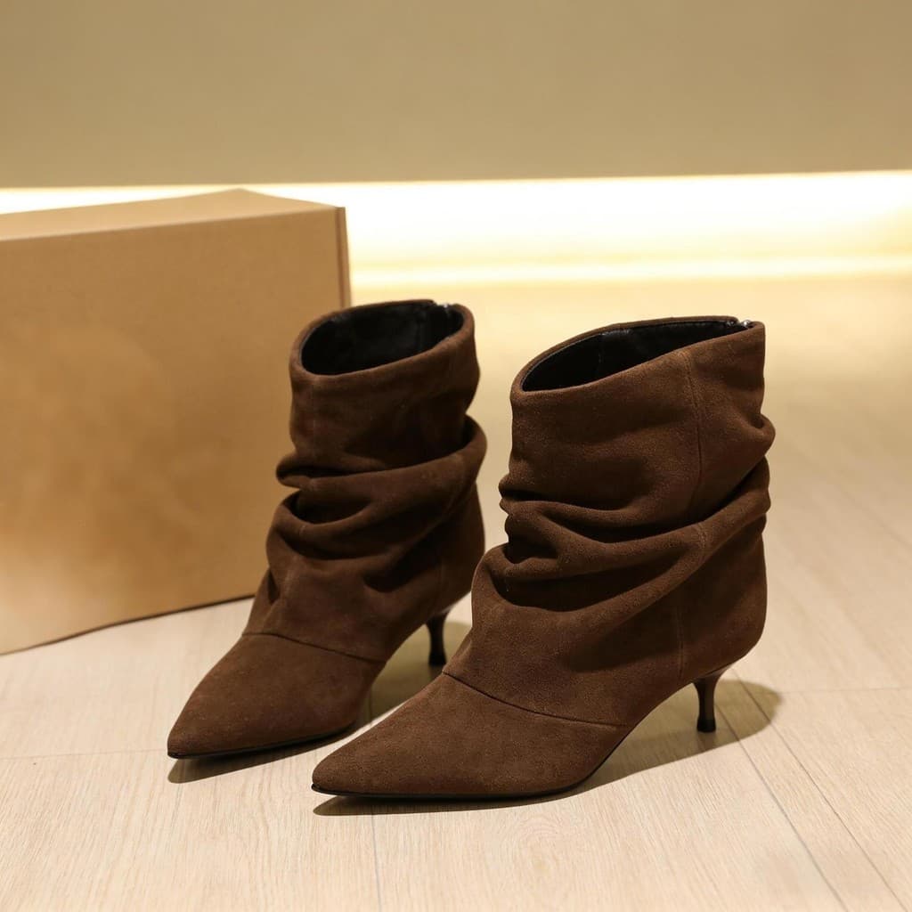 Botas curtas plissadas femininas com bico fino e cano médio de camurça