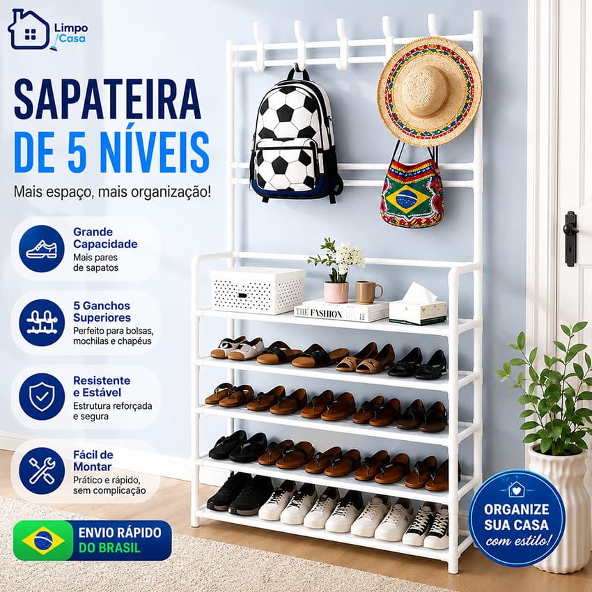 Sapateira de cinco camadas com ganchos -usado para pendurar chapéus, bolsas e guardar sapatos.