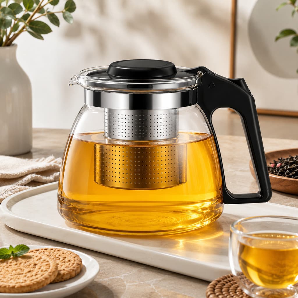 Bule de Vidro com Filtro Inox 1 Litro Chaleira para Chá Café Design Moderno