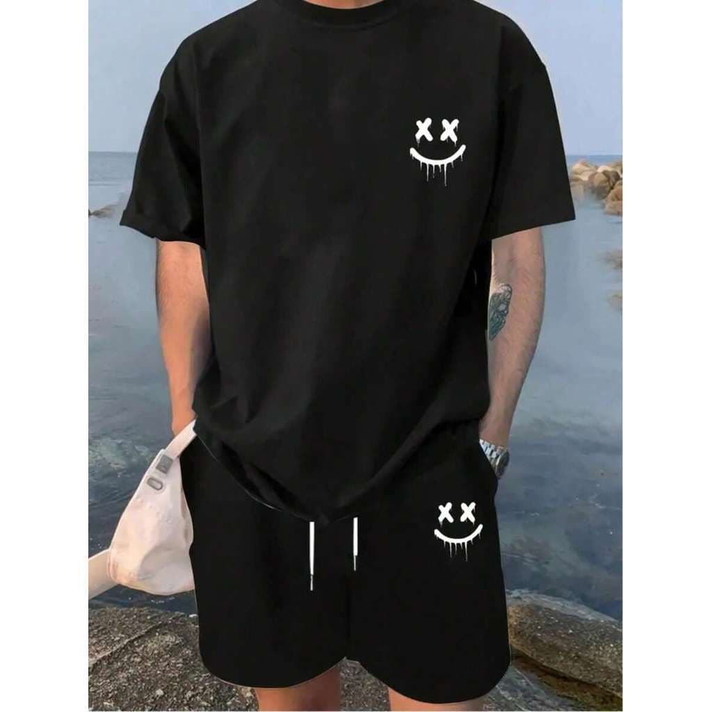 Conjunto Masculino Camiseta em Algodão + Shorts Shorts Mauricinho em Tactel Estampa Esportiva Casual Streetwear Verão