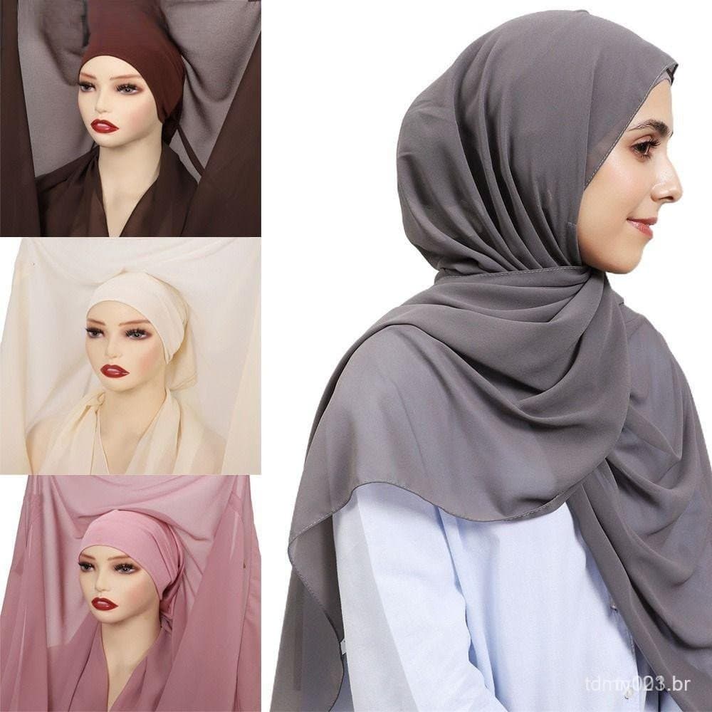 Lenço de chiffon instantâneo, lenço longo muçulmano de cor sólida dois em um, fácil de usar.