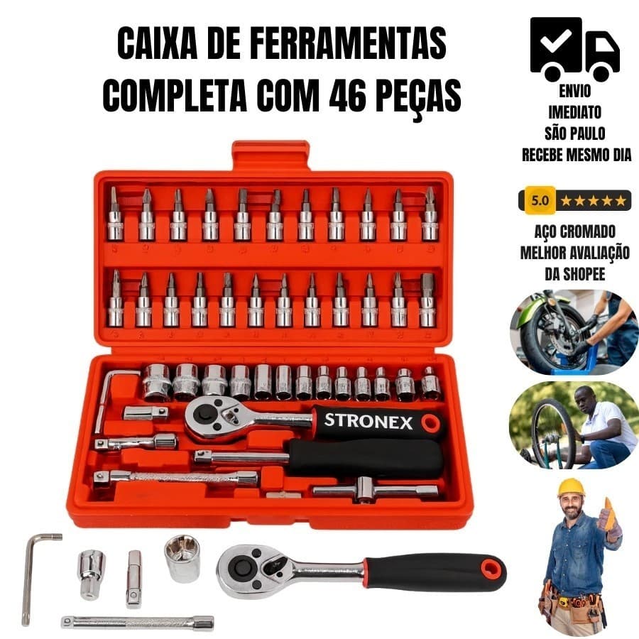 Jogo de Ferramentas Stronix 46 Peças Aço Cromado | Maleta Portátil Profissional| Chaves Fenda Philips Ajustável