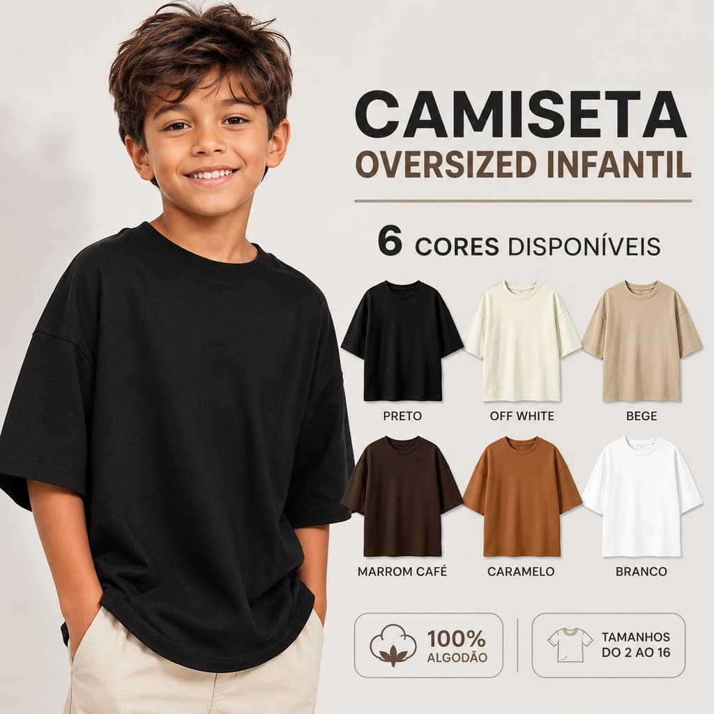 Camiseta Oversized Infantil Menino Streetwear Lisa 100% Algodao Premium Confortavel Preço De Fabrica