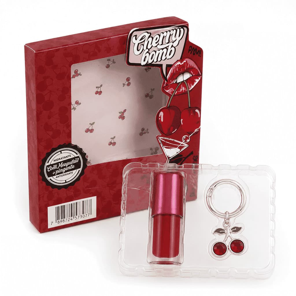 Gloss Labial Cherry Bomb Cereja com Chaveiro Pingente Hidratante Vegano Brilho Laqueado Aroma de Cereja
