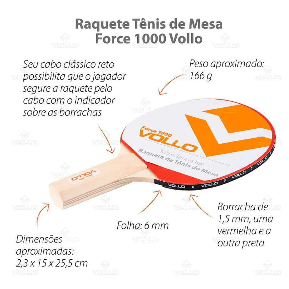 Raquete Tênis Mesa Force 1000 Vollo Vermelho/preto St (reto)