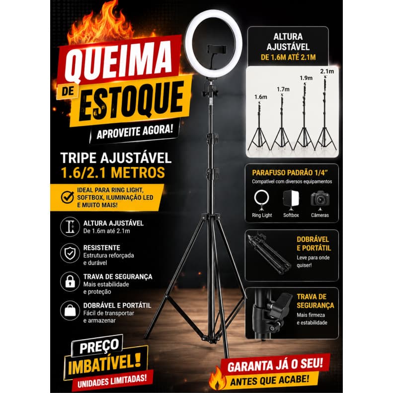 Tripé Ajustável 1,6m / 2,1m para Ring Light, Softbox e Iluminação LED