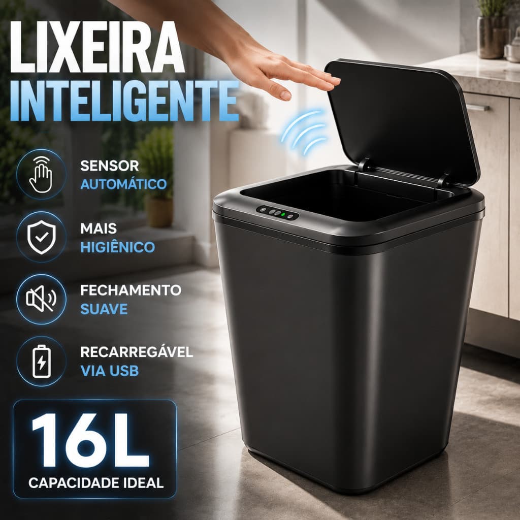 Lixeira Automática Inteligente 16L Sensor de Movimento Sem Toque Com Tampa Cozinha Banheiro Vedação Anti Odor