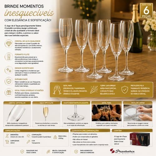 Jogo Taças Espumante Cristal 220ml Conjunto Elegante Capacidade Ideal