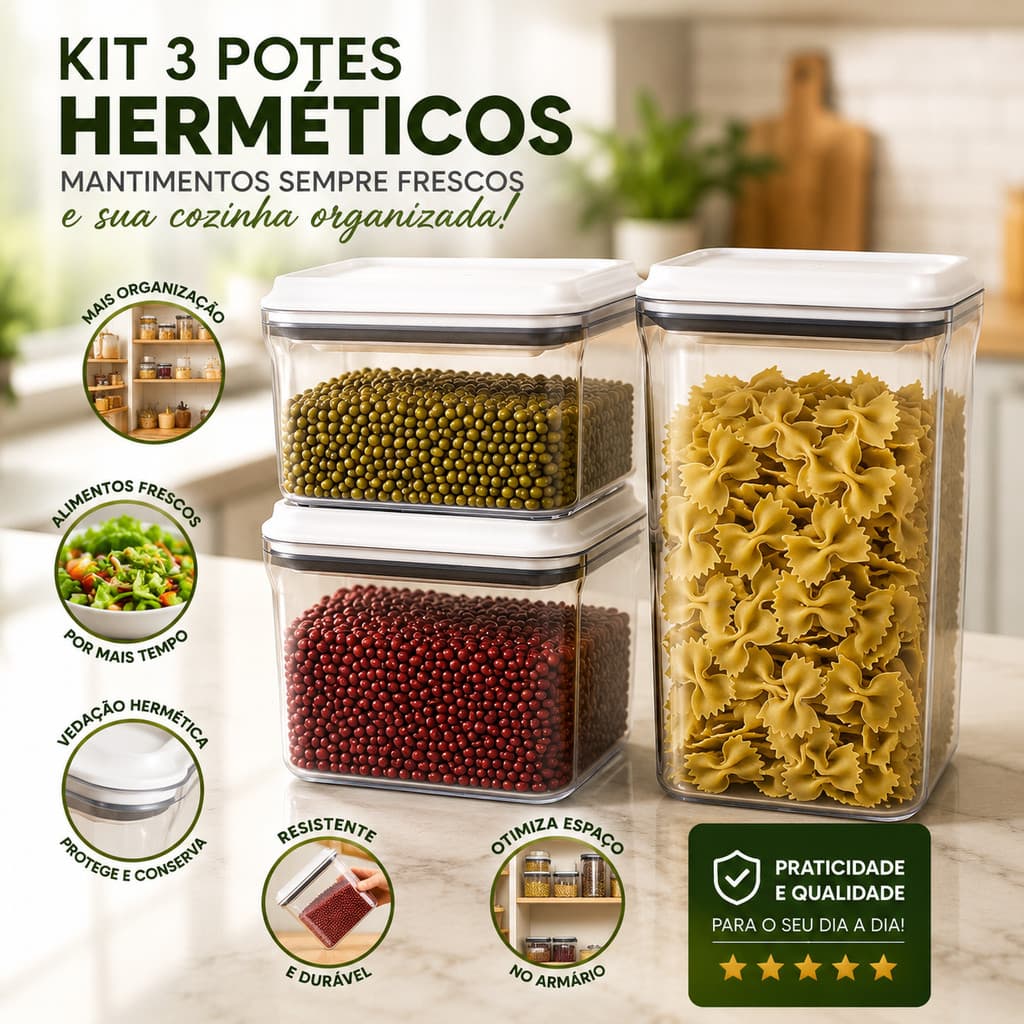 Kit 3 Potes Herméticos Porta Mantimentos com Tampa Vedação para Alimentos Organizador de Cozinha Médio